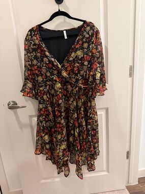 Xhilaration Black Floral V-Neck Dress with Red & Yellow Blooms
